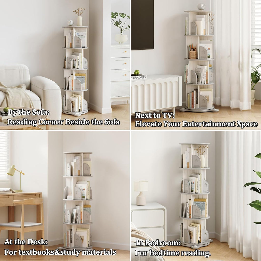 4 Tier Rotating Bookshelf, 360°Spinning Bookshelf Tower Book Display Stand, Corner Bookcase Organizer for Classroom/Bedroom/Living Room/Reading Nook (White-4Tier)
