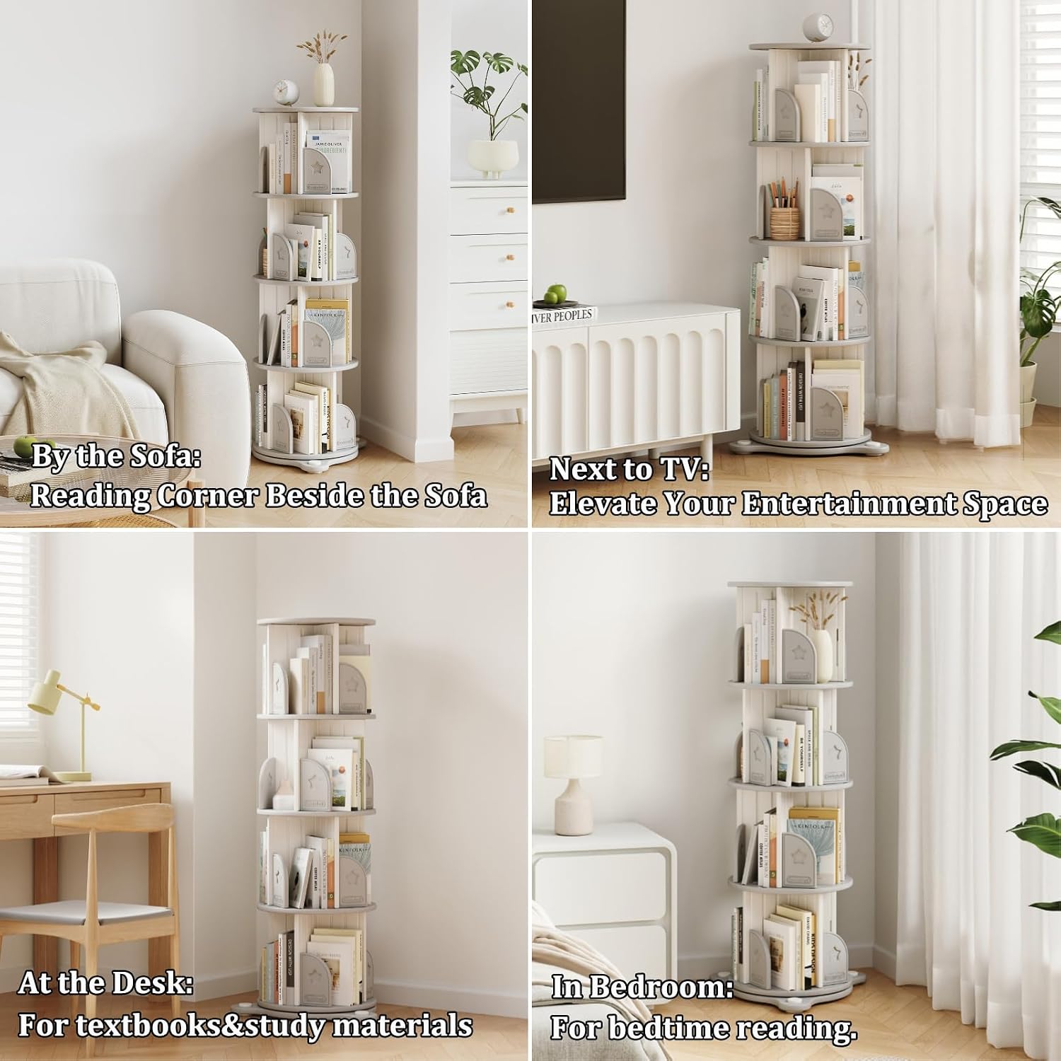 4 Tier Rotating Bookshelf, 360°Spinning Bookshelf Tower Book Display Stand, Corner Bookcase Organizer for Classroom/Bedroom/Living Room/Reading Nook (White-4Tier)