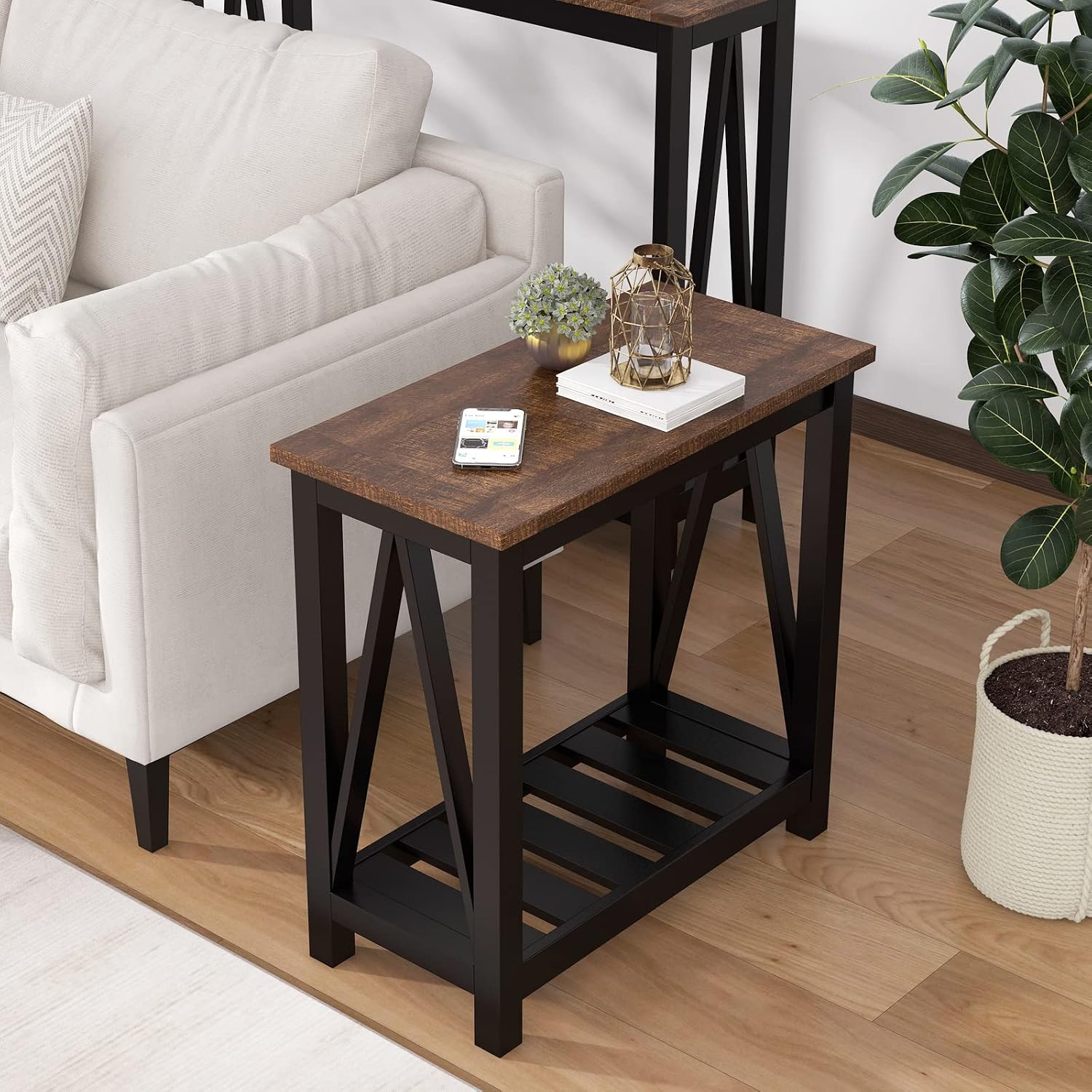 ChooChoo Farmhouse End Table, Rustic Vintage Narrow End Side Table with Storage Shelf for Small Spaces, Nightstand Sofa Table for Living Room, Bedroom Black 2 Pack