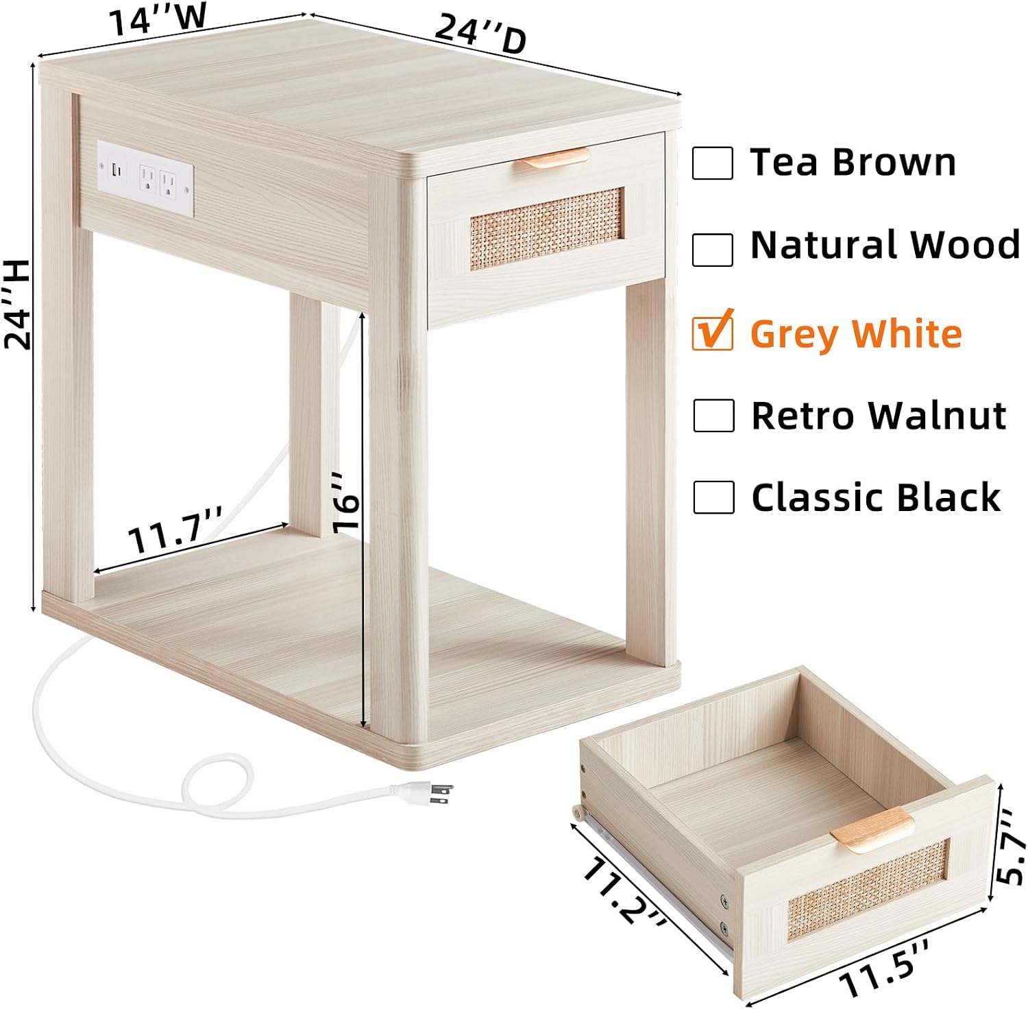 LEYAOYAO Narrow Side Table Set of 2, 24'' Night Stand with Charging Station, Rattan Nightstand with Drawer Storage, Bedside End Table with Small Spaces, Wood Boho Nightstand for Living Room Bedroom