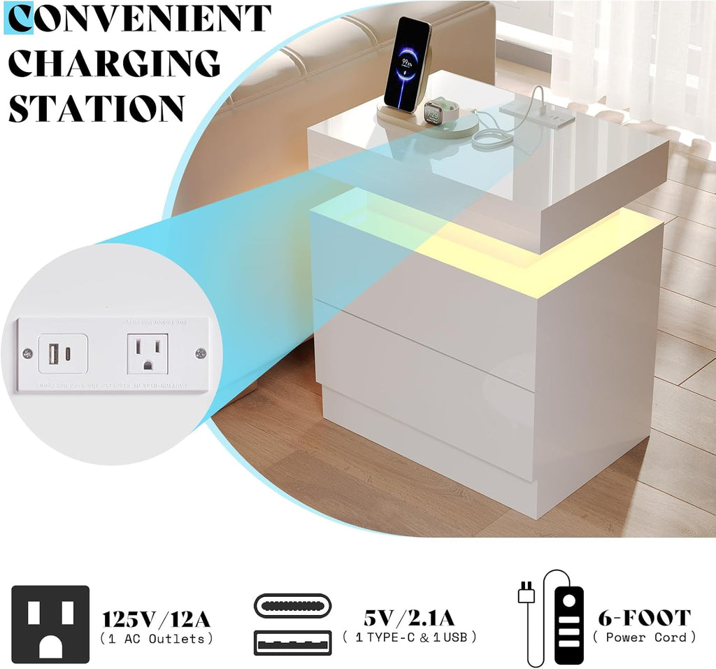 AMERLIFE 5 Piece Modern Living Room Table Set, Includes 70' Fireplace TV Stand, 2-Tier Coffee Table, 2 X Side Tables with Charging Station, LED Media Furniture, White