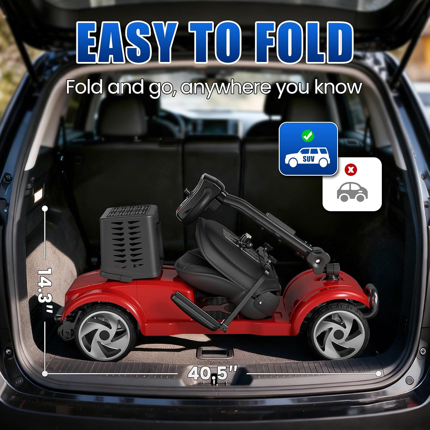 30 Miles Long Range Electric Mobility Scooter, Powered Mobility Scooters for Adults and Seniors, Motorized Scooter, Compact Heavy Duty Mobile for Travel with LED Headlight, Basket Red