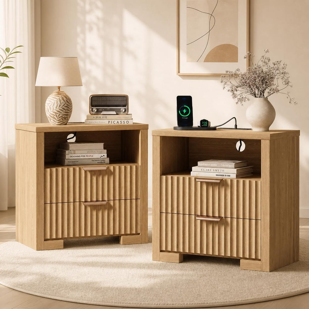 24' Fluted Night Stand Set of 2 with Charging Station, Wood Bedside Table with 2 Drawers and Open Shelf, Modern nightstand for Bedroom, Office, Natural Oak