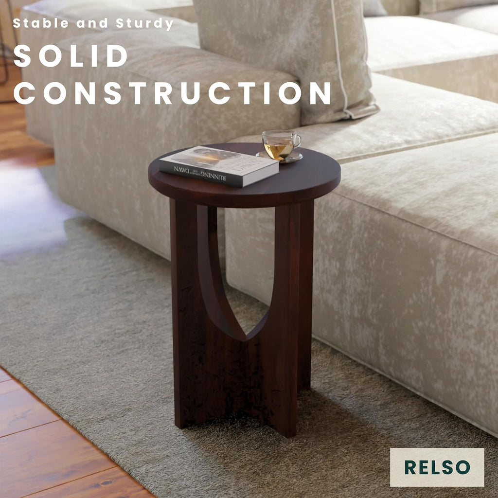Relso Stupa Solid Wood End Table – 22' Tall Round Side Table for Living Room or Bedroom, Handcrafted Accent Table in Walnut Finish, Easy Assembly, Modern Minimalist Design for Small Spaces