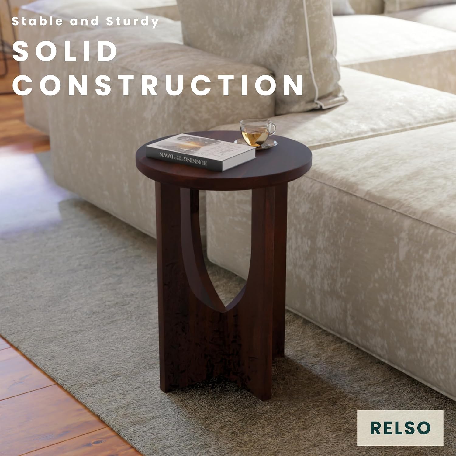 Relso Stupa Solid Wood End Table – 22' Tall Round Side Table for Living Room or Bedroom, Handcrafted Accent Table in Walnut Finish, Easy Assembly, Modern Minimalist Design for Small Spaces
