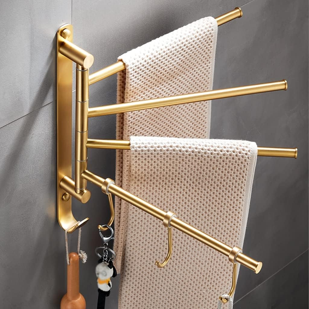 Towel Racks,Towel Holder Towel Rail for Bathroom, All-Copper Bathroom Hand Towel Holder, Brushed Rotating Towel Bar, Bathroom Drying Rack Multi-Rod Hanger/Black Gold 4 Rods with Hooks/a Dign