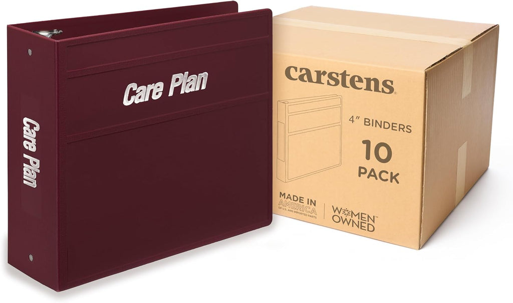 Carstens 4-Inch Heavy Duty Round Ring Binder for Medical Care Plans – Side Opening, Wine, Case of 10, Durable Plastic, No Pockets, Holds 600 Sheets, Made in USA (1874-3RCS)