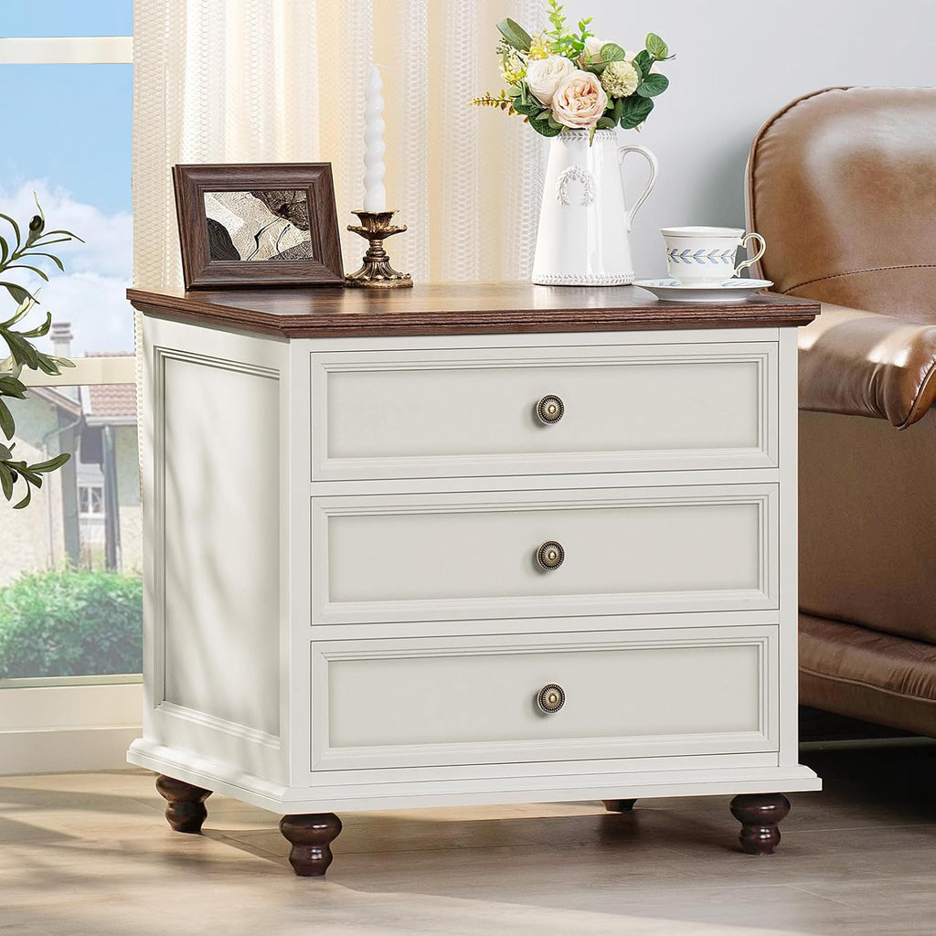 Joaxswe 24' Wide Farmhouse Night Stand Set of 2,Large End Table with 3 Drawers & Metal Handle,White Wood Dresser for Bedroom, Bed Side Table Chest of Drawers Cabinet, Nightstand for Living Room,Closet