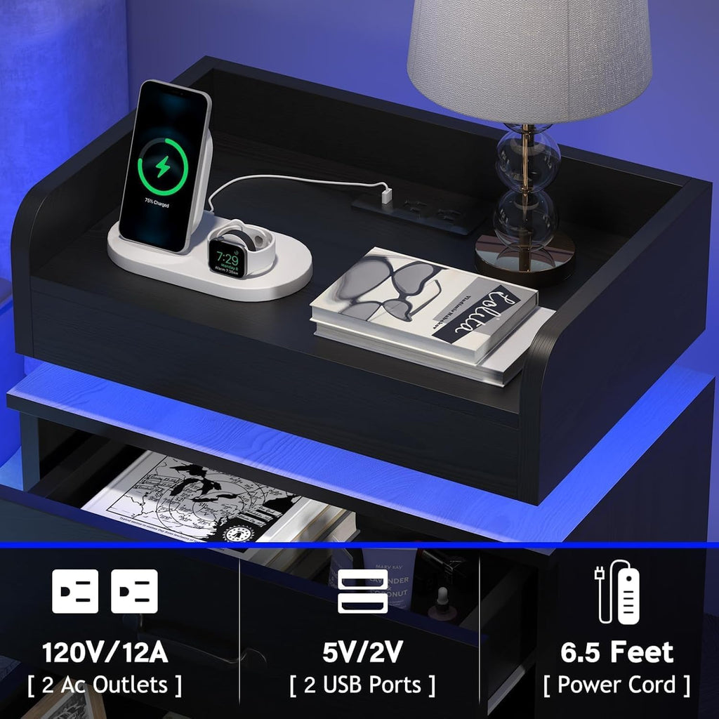 4ever2buy Black Nightstand Set of 2 with Charging Station and LED Lights Modern Bedside Tables with Drawers End Tables for Bedroom