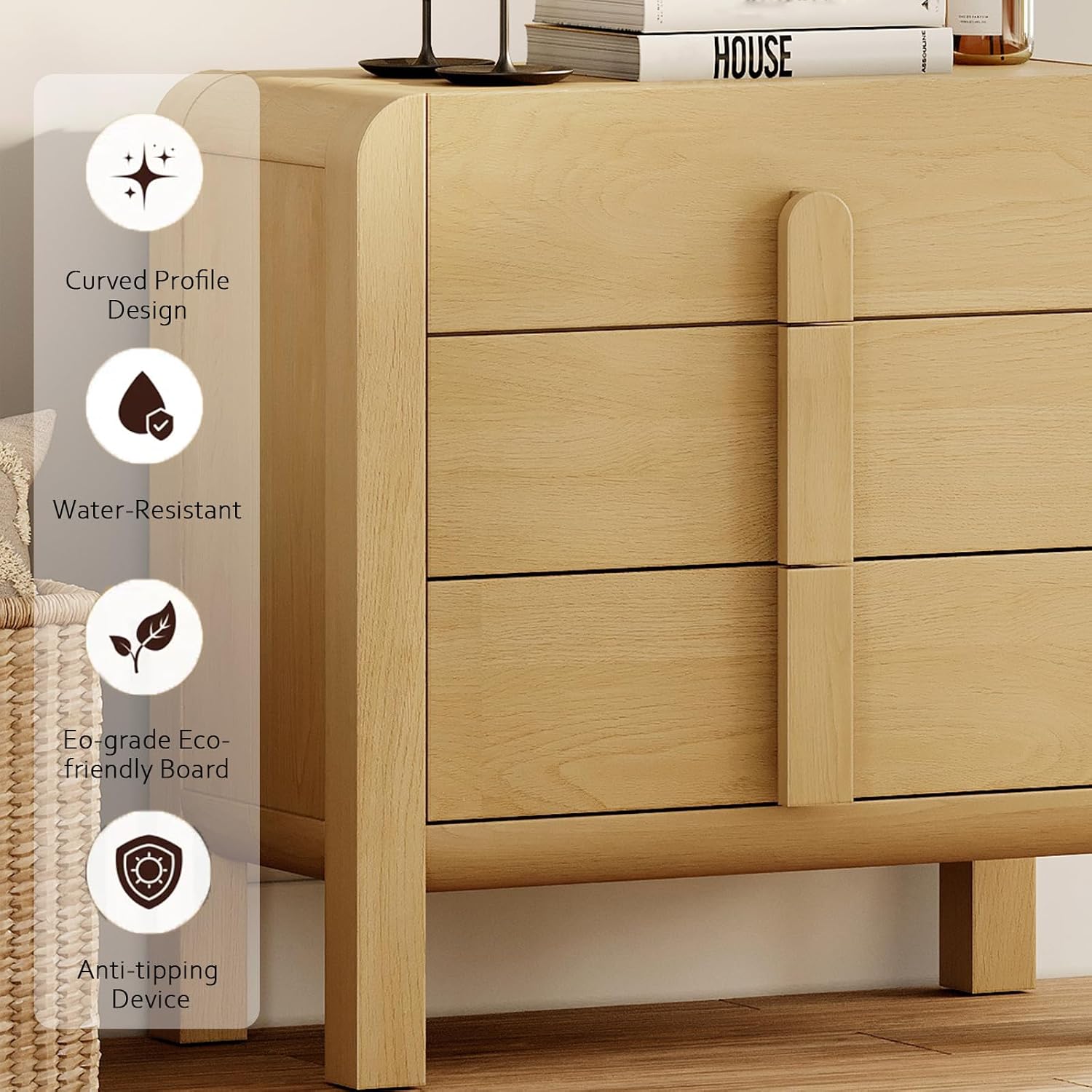 WAMPAT Nightstands Set of 2, Large Nightstands with 3 Drawers, Modern 31.5' Tall Wooden End Tables with Storage, Oak Nightstands Bedside Tables with Curved Design for Bedroom