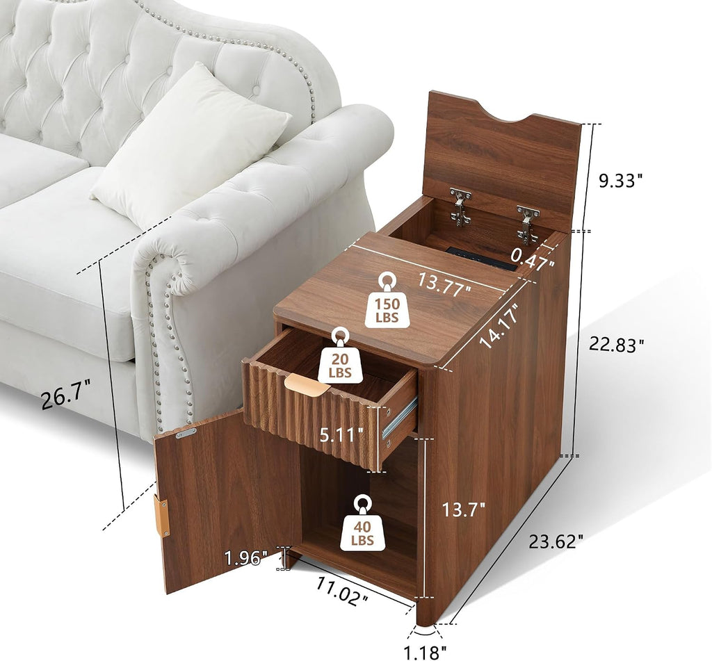 Fluted Narrow End Table with Charging Station, Farmhouse Side Table with Drawer Storage, Small Night Stand with Power Outlets and USB Ports, Sofa Side Table for Living Room - Walnut
