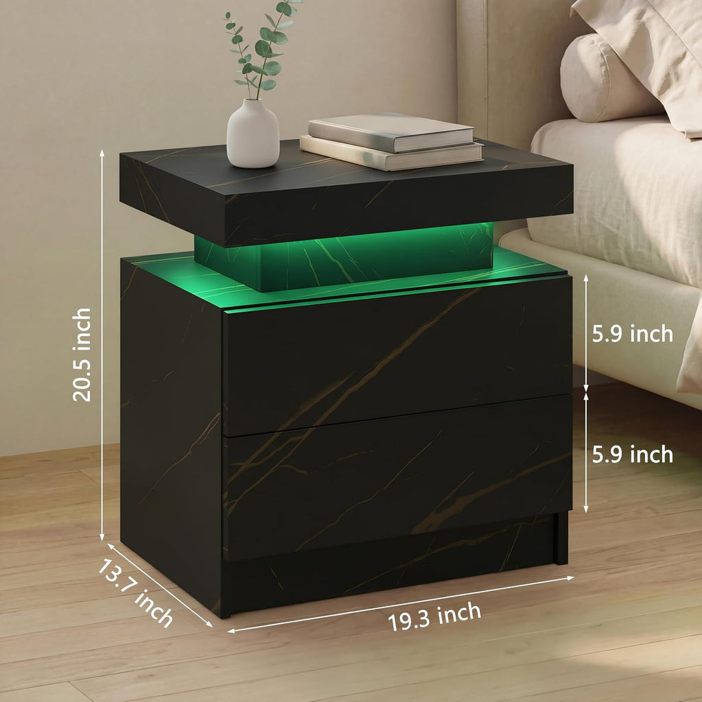 i-aplus LED Nightstand LED Bedside Table with 2 Drawers, Wooden Cabinet Unit with LED Lights for Bedroom, End Table Side Table for Bedroom Living Room…