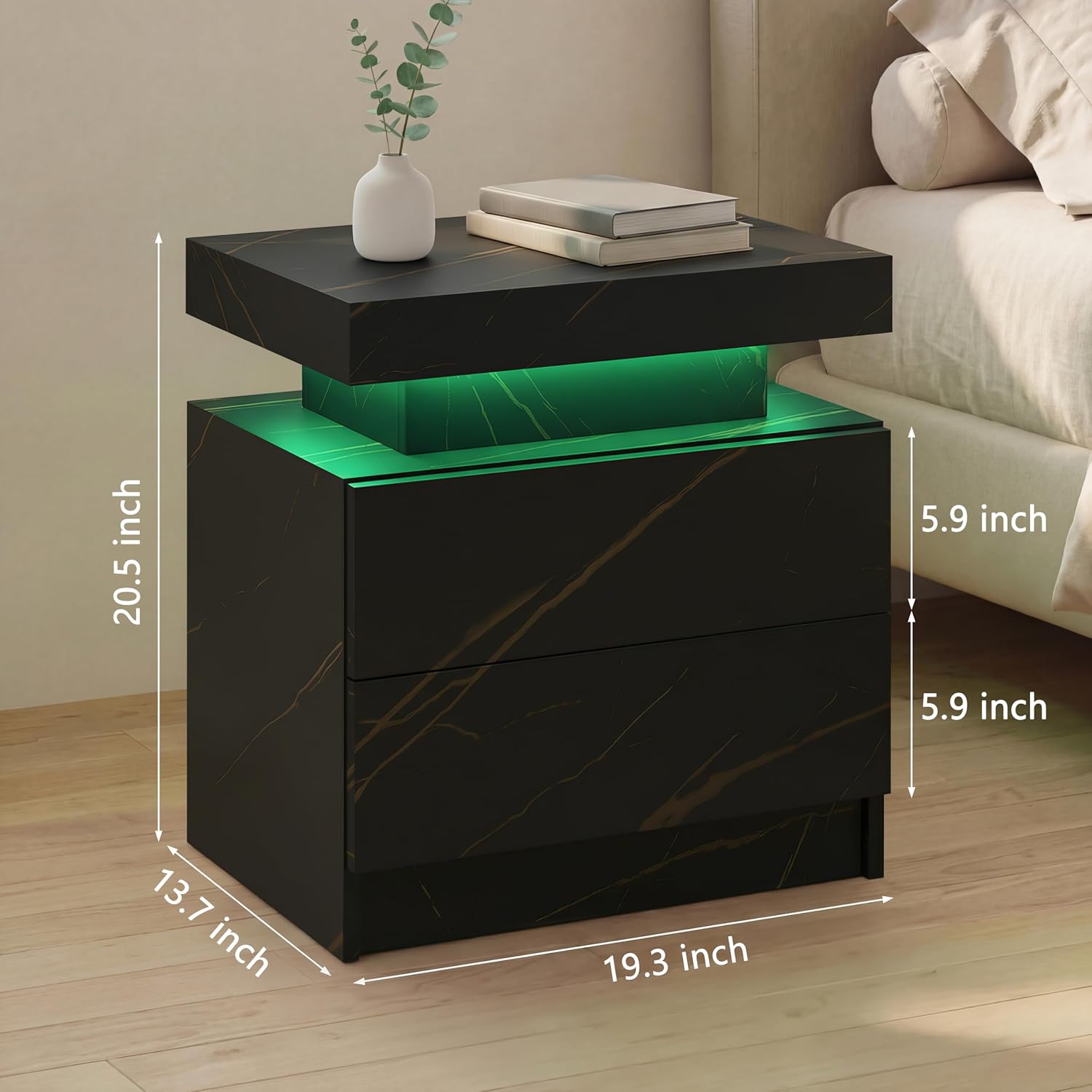 i-aplus LED Nightstand LED Bedside Table with 2 Drawers, Wooden Cabinet Unit with LED Lights for Bedroom, End Table Side Table for Bedroom Living Room…