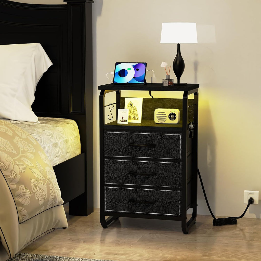 runjuly Large Nightstand Set of 2 with Charging Station, Bed Side Tables Bedroom Set of 2, Black Night Stand Set 2, Bedside Table with 3 Fabric Drawers, Night End Table with Storage for Bedroom, Dorm