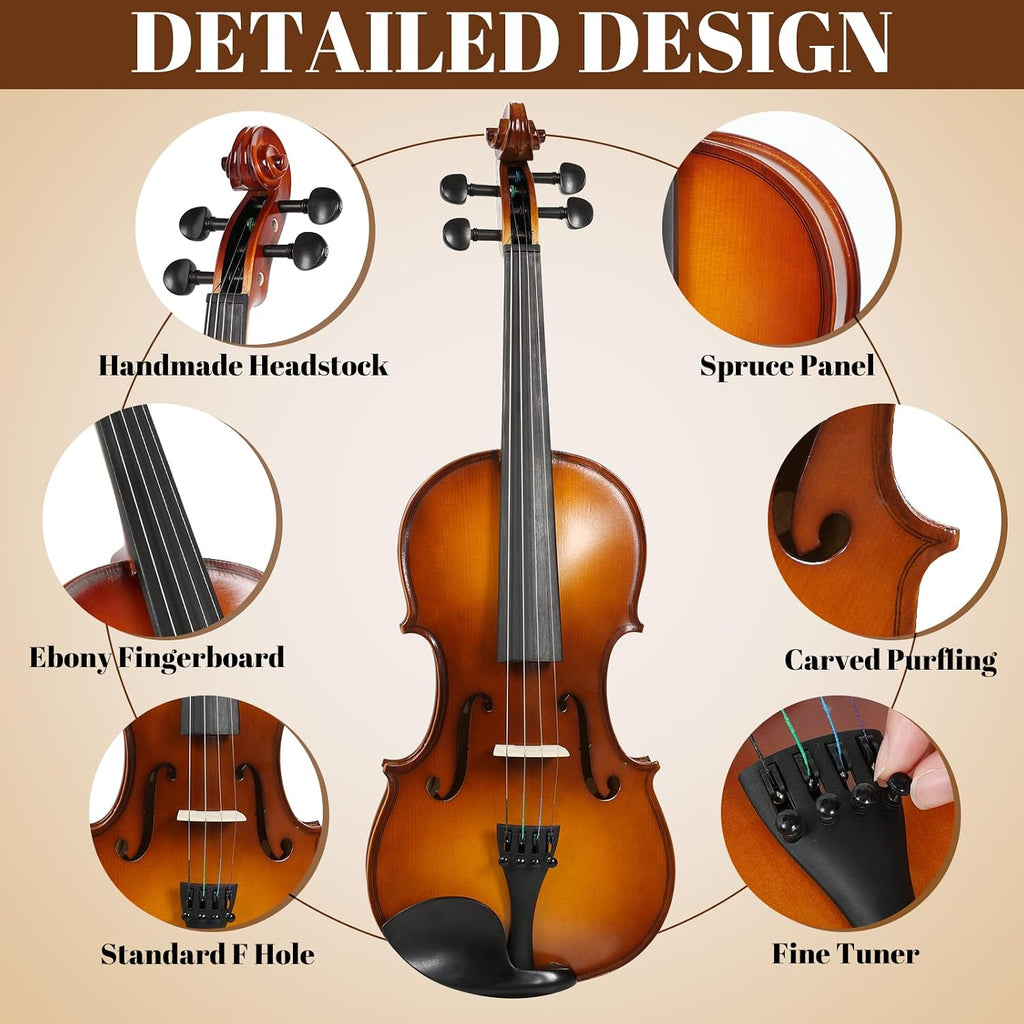 Kmise Violin 3/4 Full Set, High Density Ebony Violins, Glossy Acoustic Fiddle for Adults, Beginners, Students with Violin Case, Rosin, Strings, Bow, Shoulder Rest, Beginner's Guide (Ebony, 3/4)