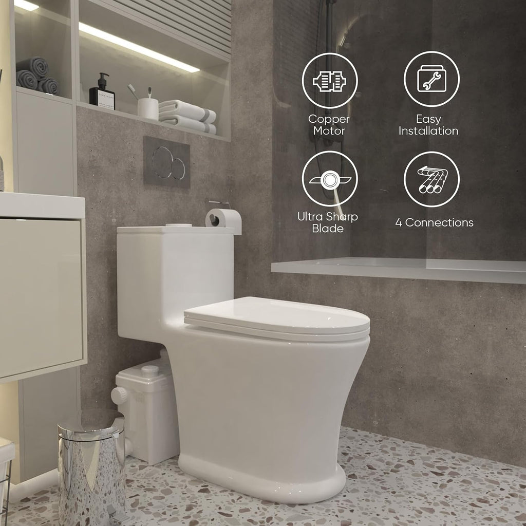 500Watt Skirted Macerating Toilet With Macerator Pump for Basement Upflush System, Included Dual-flush Water Tank, 16.5' Toilet Bowl, Toilet Seat, Household Residential One-Piece Toilet