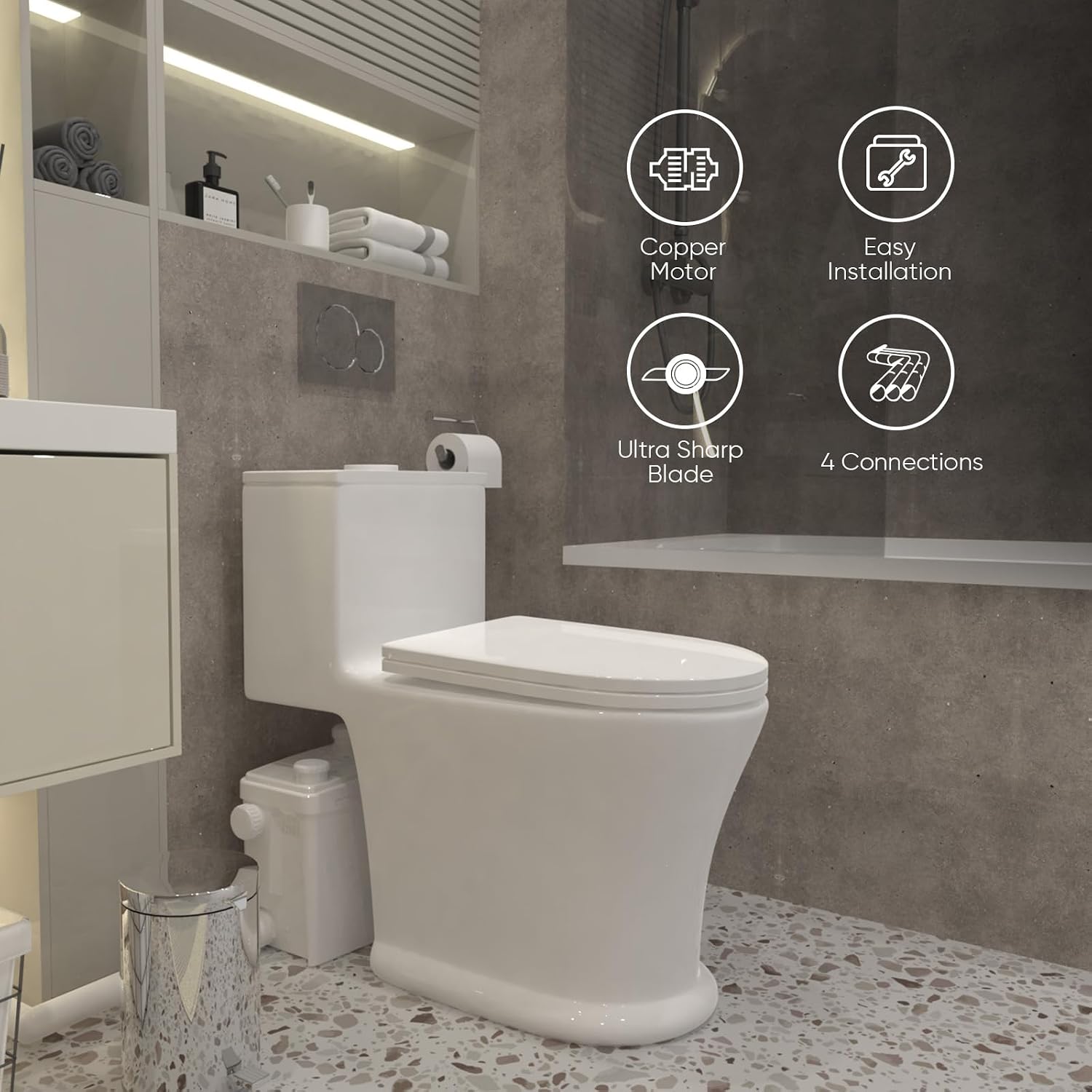 500Watt Skirted Macerating Toilet With Macerator Pump for Basement Upflush System, Included Dual-flush Water Tank, 16.5' Toilet Bowl, Toilet Seat, Household Residential One-Piece Toilet