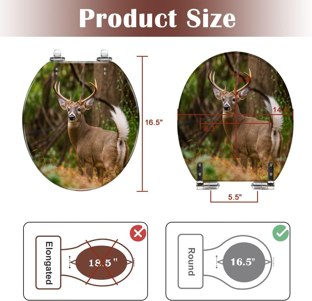 Round Toilet Seat Deer Hunting Animals Hunting White Tailed Deer Pennsylvania Stag Resin Toilet Seat Slow Quiet Close Lid with Quick-Release Hinges Cover Bumpers Easy to Clean Install