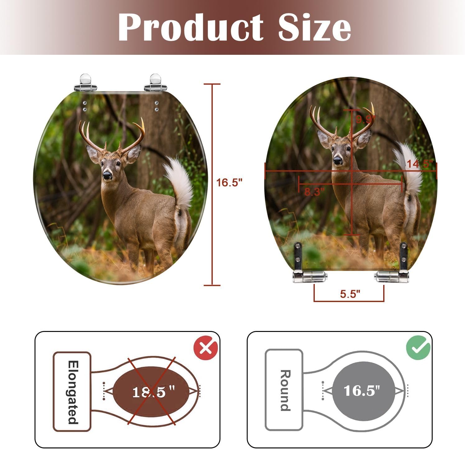 Round Toilet Seat Deer Hunting Animals Hunting White Tailed Deer Pennsylvania Stag Resin Toilet Seat Slow Quiet Close Lid with Quick-Release Hinges Cover Bumpers Easy to Clean Install