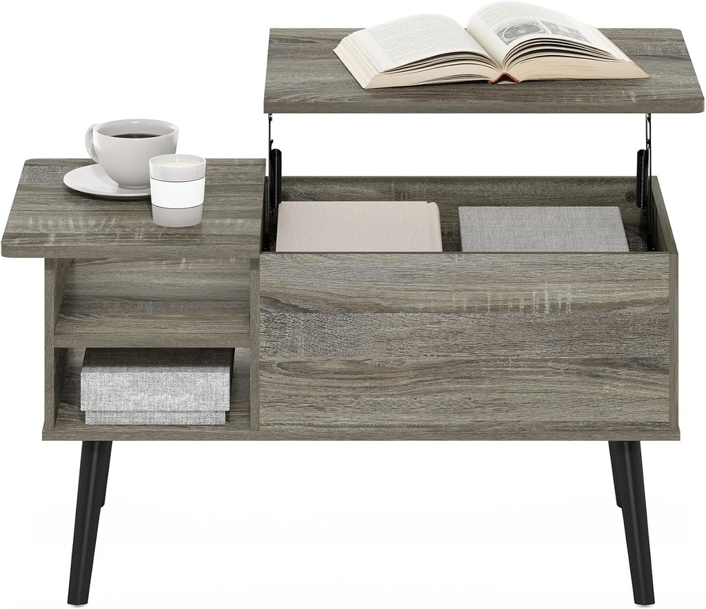 Furinno Jensen Lift Top Coffee Table with Storage Shelf, Side Shelf, Hidden Compartment, for Living Room, Grey Oak