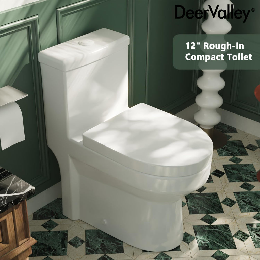 DeerValley Compact One-Piece Toilet 12 Inch Rough-In Space-Saving Toilets for Tiny Bathrooms with White Button