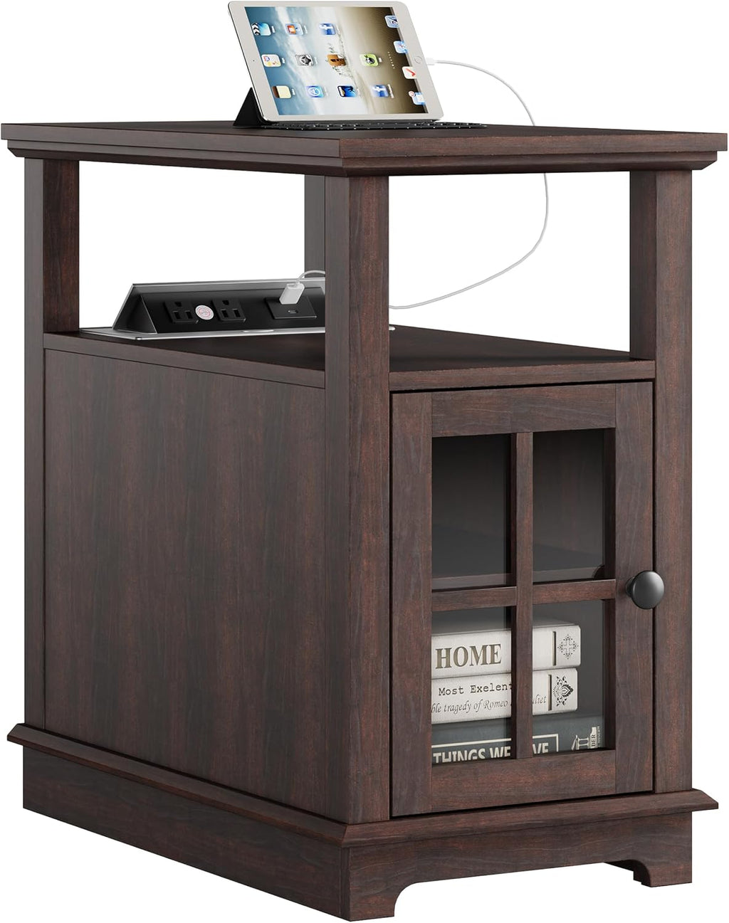 HIFYOBRO Narrow End Table with Charging Station, Flip Top Design, Type-C & USB Ports & Outlets, Adjustable Shelf for Storage in Living Room, Bedroom, Home Office