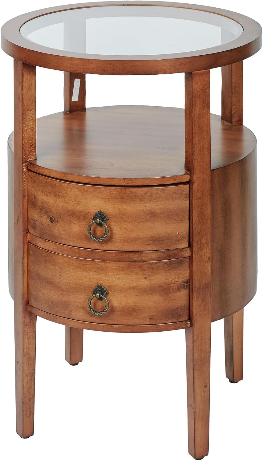 Louis Round Side Cabinet | Regal Walnut Finished Wooden Furnishing | Two Storage Drawers, Open Display Area Shelf, & Clear Glass Tabletop | Circle Wood End Table Furniture | No Assembly Is Required