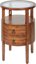 Louis Round Side Cabinet | Regal Walnut Finished Wooden Furnishing | Two Storage Drawers, Open Display Area Shelf, & Clear Glass Tabletop | Circle Wood End Table Furniture | No Assembly Is Required