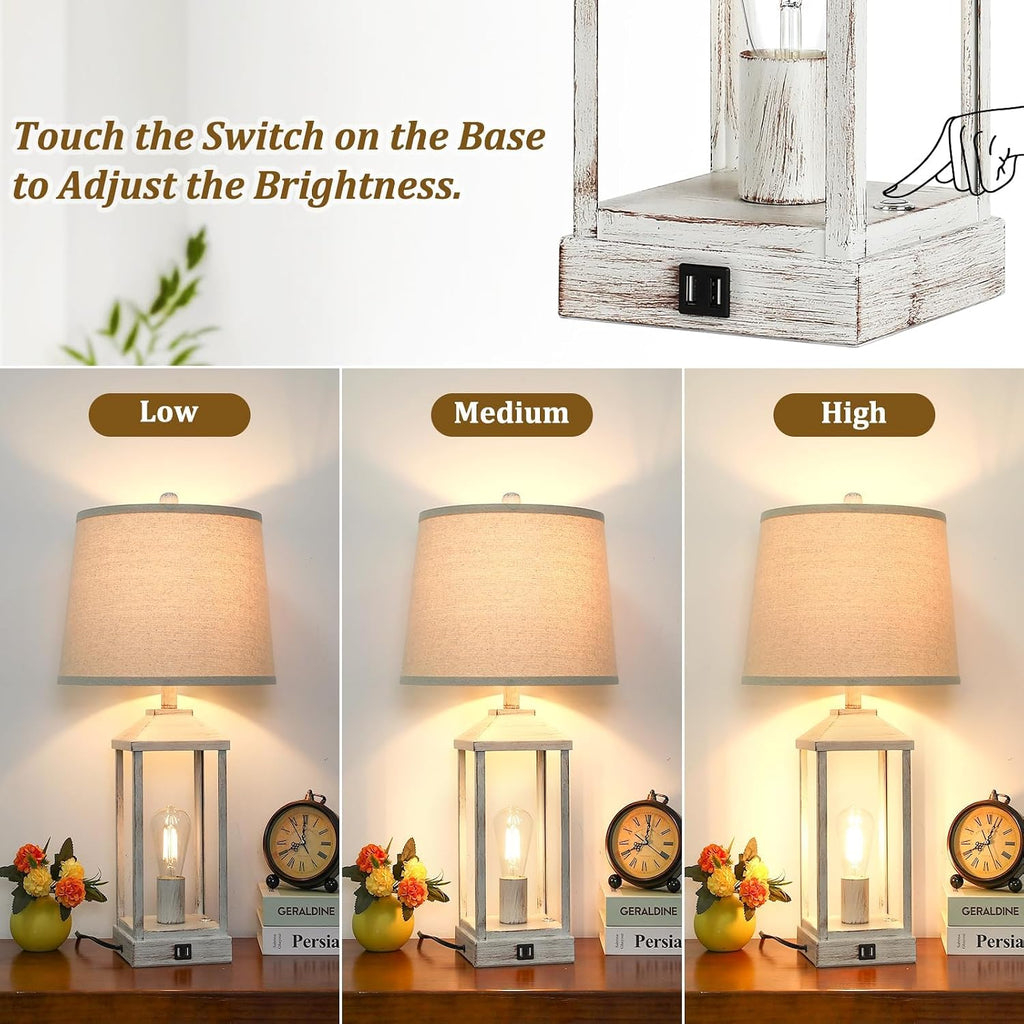 28' Farmhouse Table Lamps for Living Room Set of 2, 3-Way Dimmable Bedside Lamp with USB Ports, White Rustic Touch Control Nightstand Lamps for Bedroom, Modern Desk Lamp for Office, 4 Bulbs Included