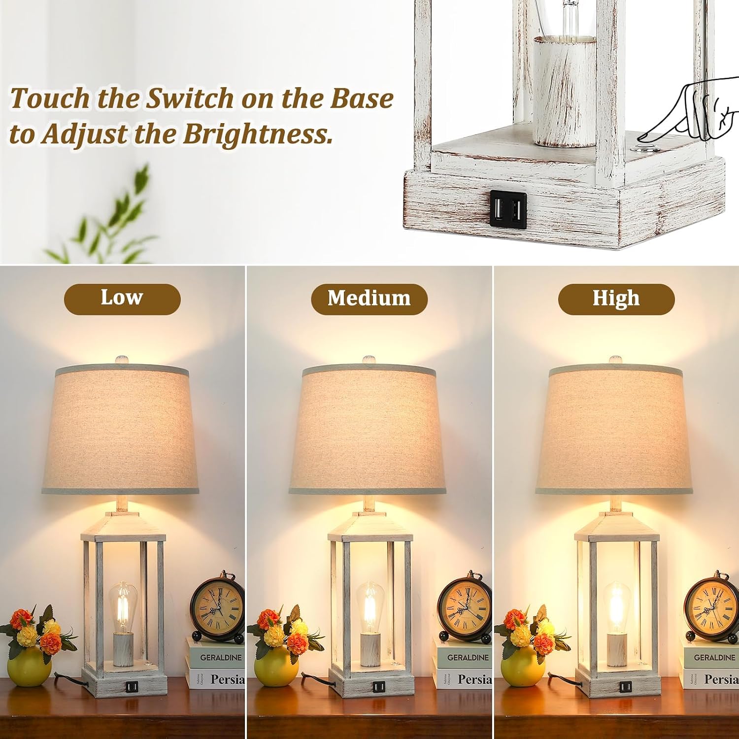 28' Farmhouse Table Lamps for Living Room Set of 2, 3-Way Dimmable Bedside Lamp with USB Ports, White Rustic Touch Control Nightstand Lamps for Bedroom, Modern Desk Lamp for Office, 4 Bulbs Included