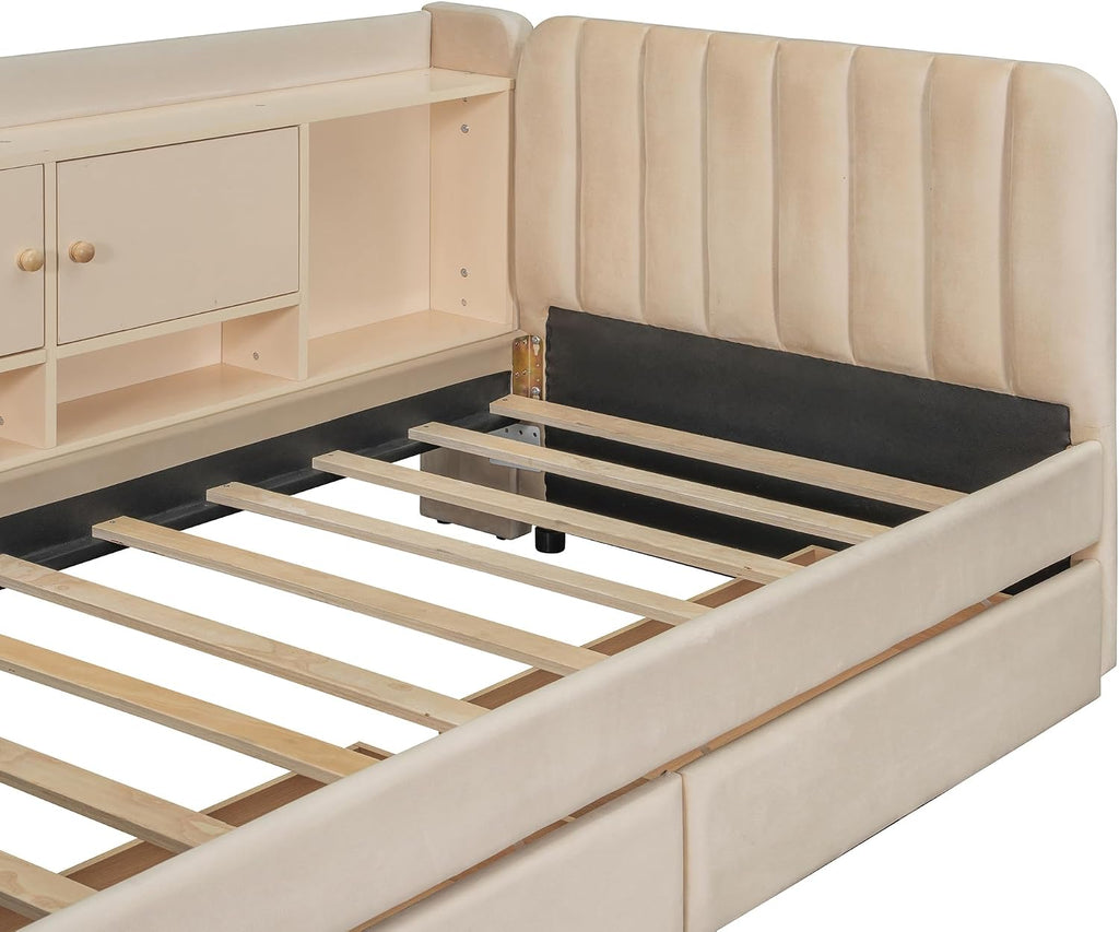 Bellemave Twin Corner Bed with Storage Shelves and Desk, Upholstered Daybed with Bookcase and Drawers，Daybed with Storage, Beige