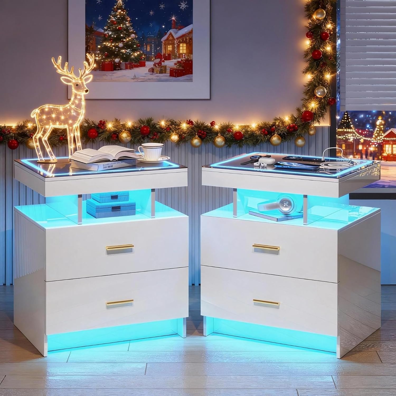 LED Nightstand Set 2 with Wireless Charging Station,White Night Stand with 2 Drawers,Glass Top Smart Bedside Table,Modern End Table Side for Bedroom,Living Room,Office