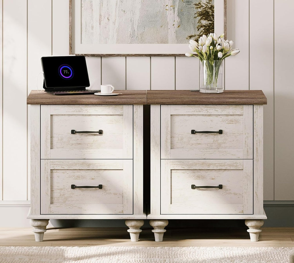 WAMPAT Set of 2 Nightstands Side Table with Charging Station, Antique White End Tables with 2 Drawers for Living Room, Elegant Night Stand Bedside Table for Bedroom, Dorm