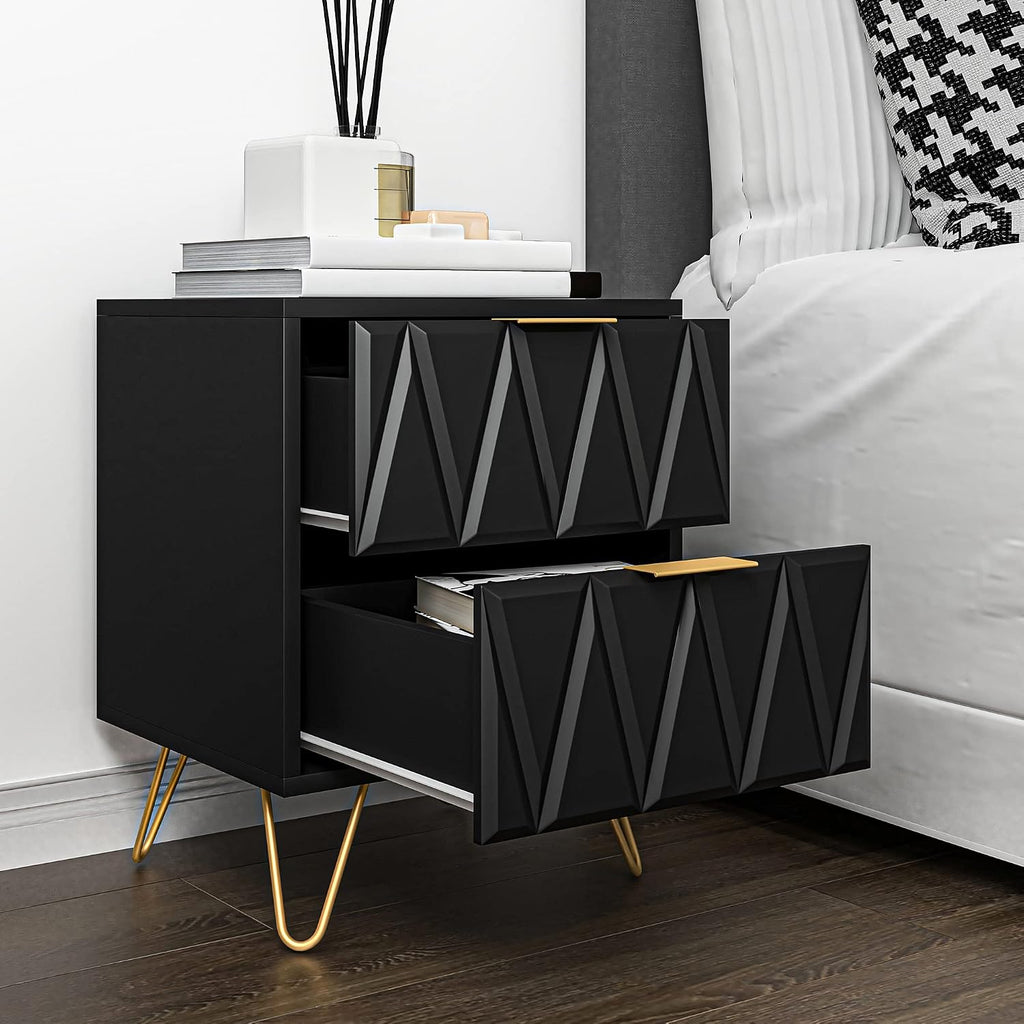 Spaco Black Nightstand Set of 2, Modern Bedside Tables Set of 2 with 2 Drawers for Bedroom, Night Stand with Gold Legs,End Side Tables for Living Room