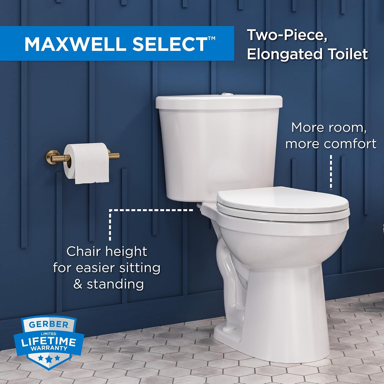 Gerber Maxwell Select Elongated Dual-Flush 1.0/1.28 GPF Two-Piece Toilet, ADA Chair Height, 12-in Rough-In, High Efficiency, Soft-Close Seat & Install Kit with Wax Ring, White, GRD49210E