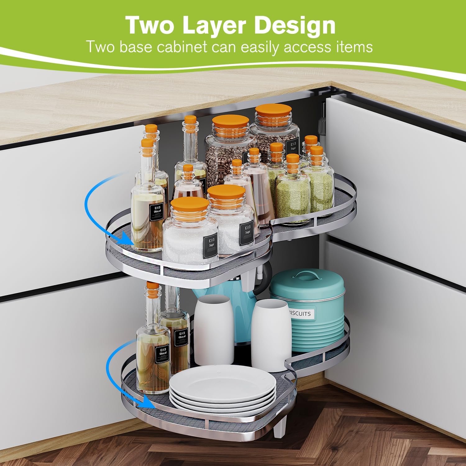 Blind Corner Cabinet Pull Out Organizer, Soft Close Swing Left Pull Out Cabinet Organizer 30inch, Corner Cabinet Lazy Susan for Cabinet Blind Shelf, 2 Tiers Tray, Adjustable Height