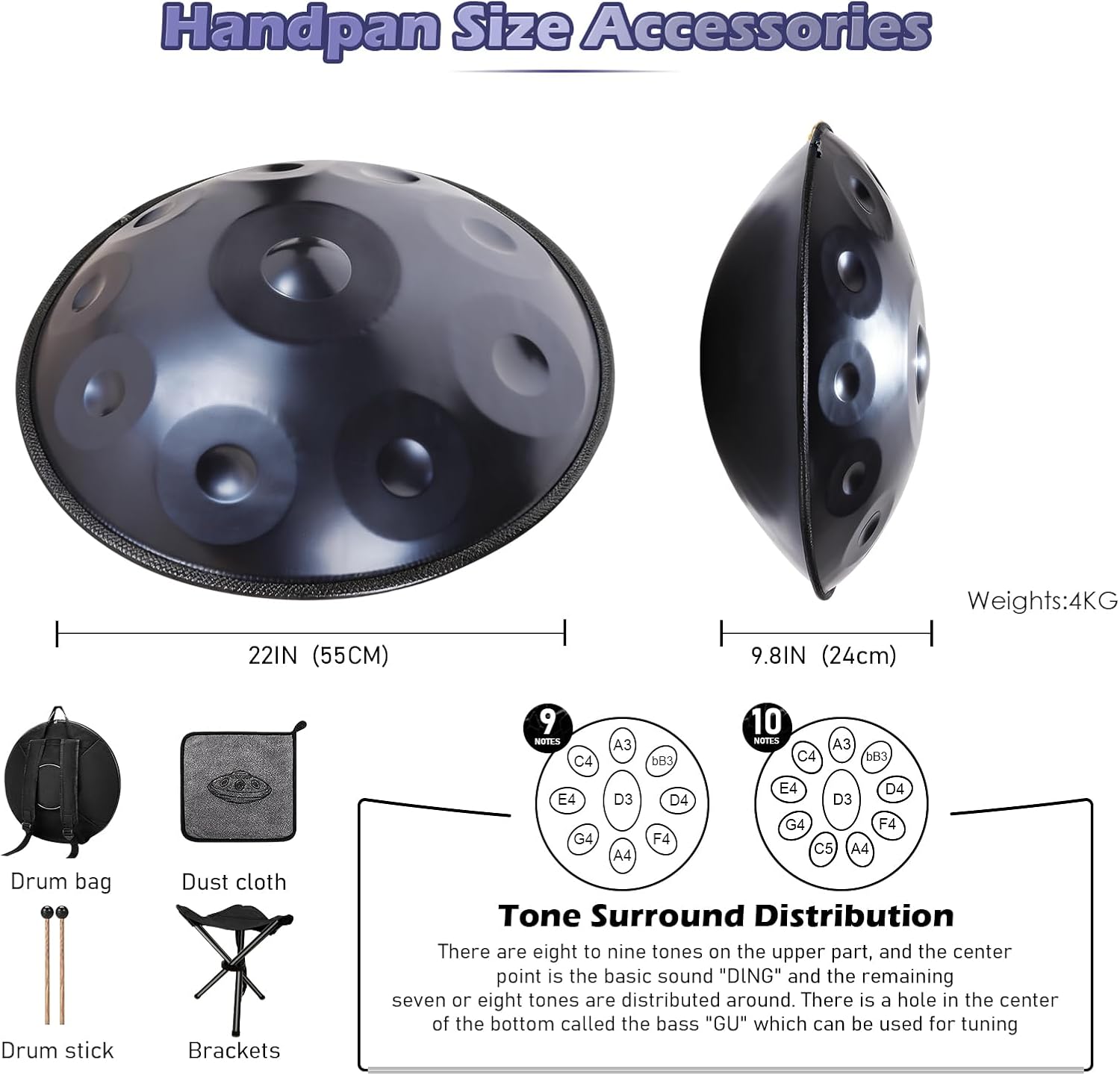 Handpan 22 Inches Drum Set, 440Hz 12 Notes Hand Drum Instrument, Premium Steel Hand Drum, Includes Carrying Case, Drumsticks, Spiral Wraps, Instruction Guide (22 Inches -10 Note -Blue)