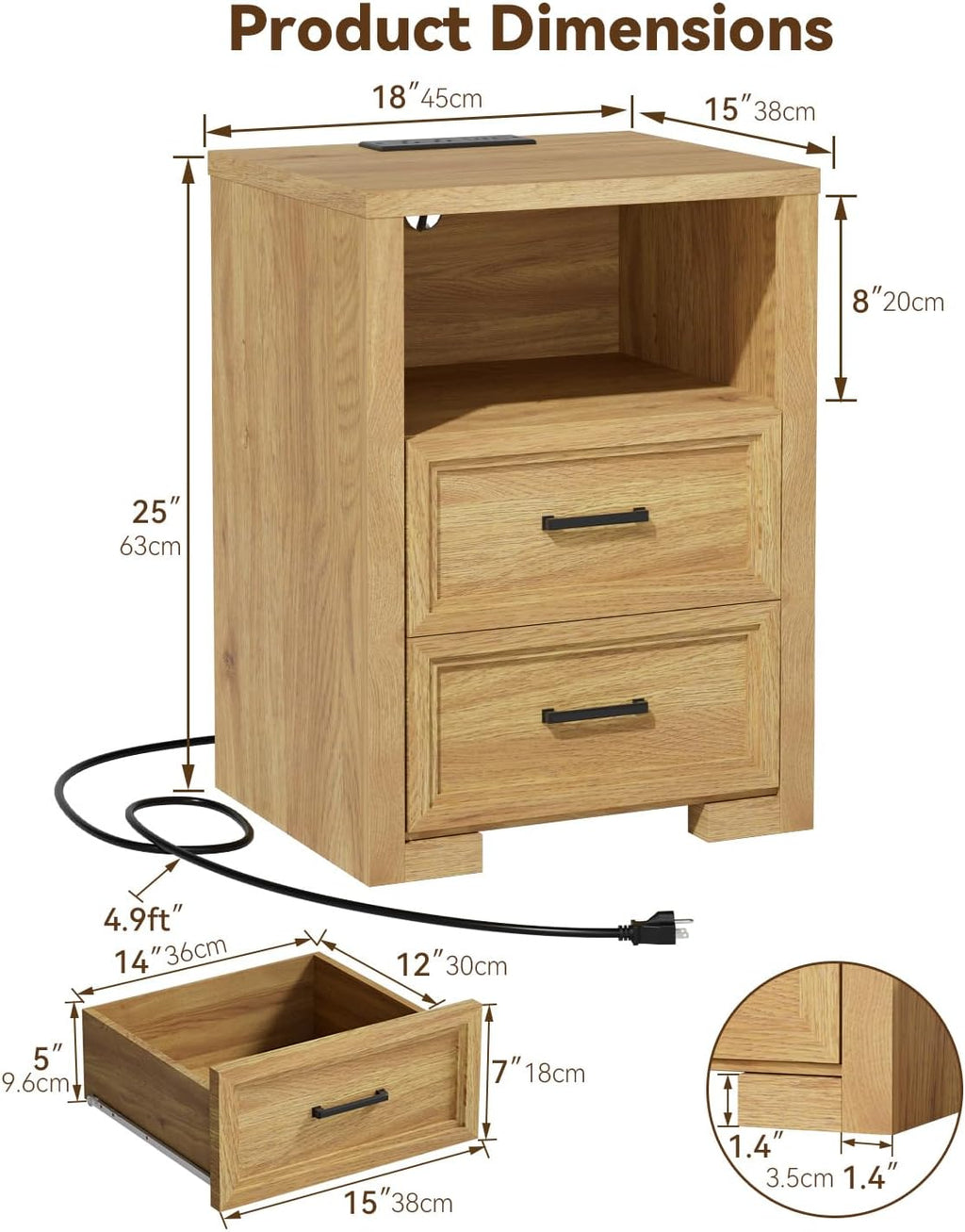 Nightstand Set of 2, Night Stand with Charging Station, End Table with 2 Drawers, Wood Rustic Side Table with Open Storage Shelf, for Bedroom, Natural Oak