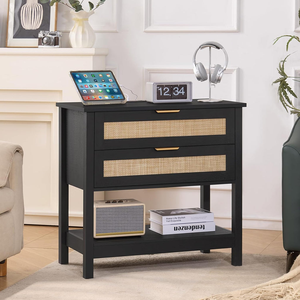 LEYAOYAO 31.5' Wide Rattan Night Stand Set 2 with Charger Station, Oversized Large Boho Nightstand with 2 Drawer, Black Bed Side End Tables, 30' Tall Bedside Table for Bedroom Living Room, Hallway