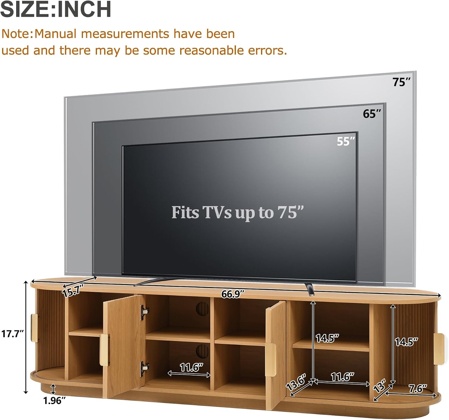 SOFTSEA 66.9' Fluted TV Stand for 75'+ TV, Farmhouse Media Console with Sliding Tambour Doors, Adjustable Shelf & Rounded Edges, Low-Profile Entertainment Center for Living Room, Natural