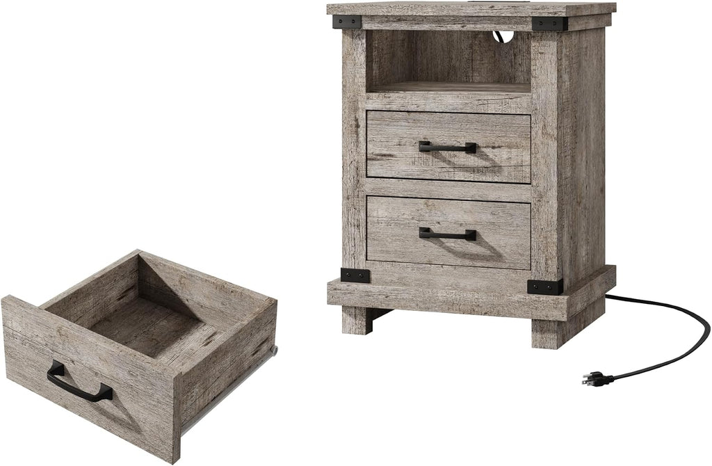 AMERLIFE Farmhouse End Table Set of 2, 18' Wood Night Stand with Charging Station & 2 Storage Drawers, Heavy Duty Bedside Nightstands for Bedroom, Living Room, Light Grey