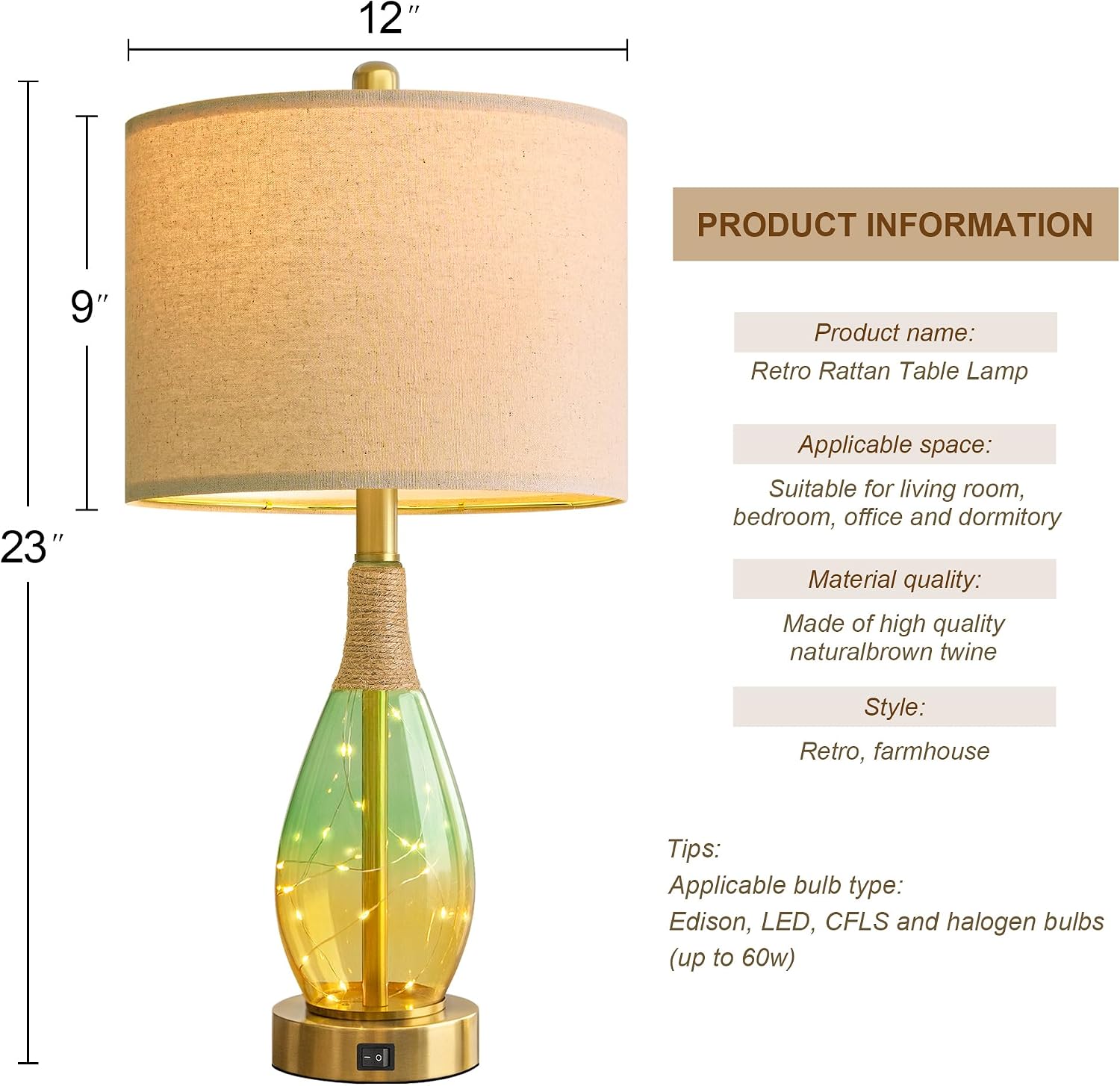 OYEARS 23' Table Lamps Set of 2,Farmhouse Lamps with Glass Nightlight, Bedside Lamps for Living Room, Rattan Lamps for Bedroom Nightstands, Two Light Points