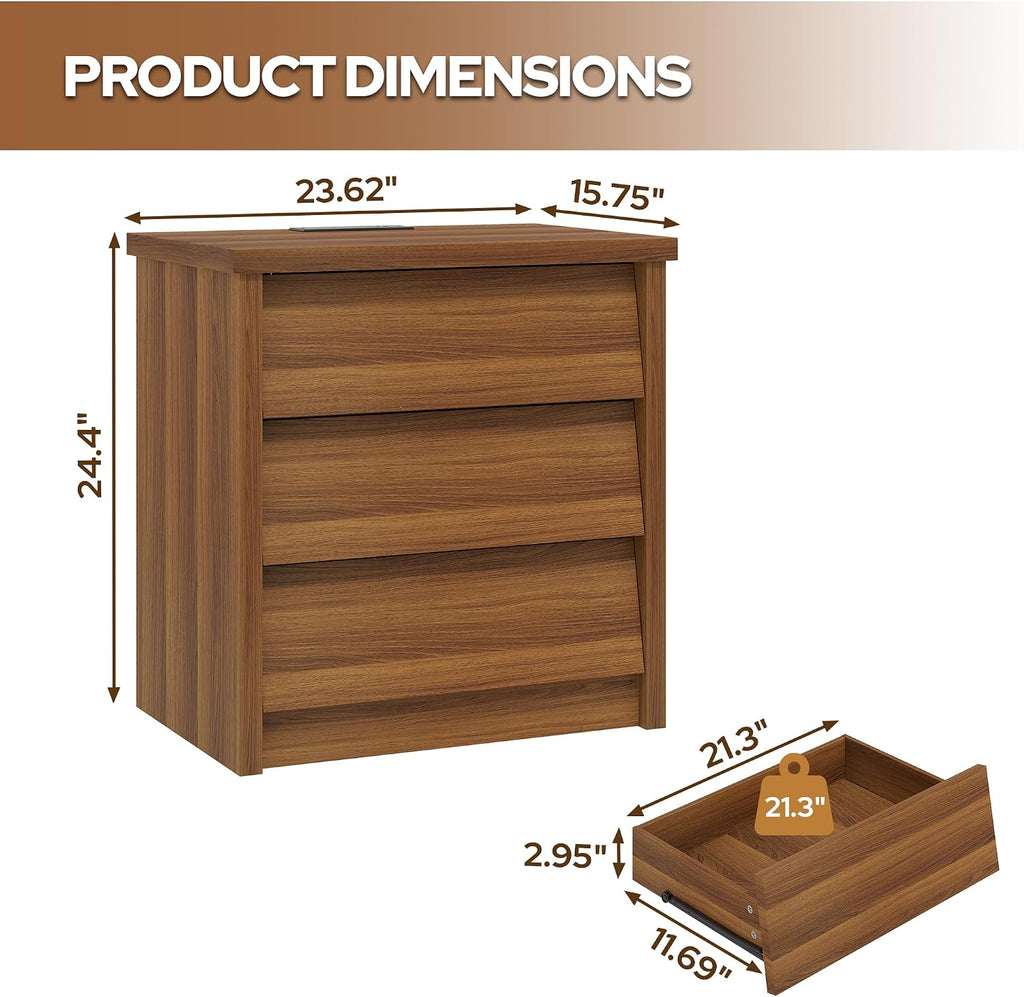23' Wide Nightstand Set of 2 with Charger Station, Wood Night Stand with 3 Drawers, Modern Bedside Table with USB Ports and Outlets, Storage Bed Side End Table for Bedroom, Living Room (Walnut)