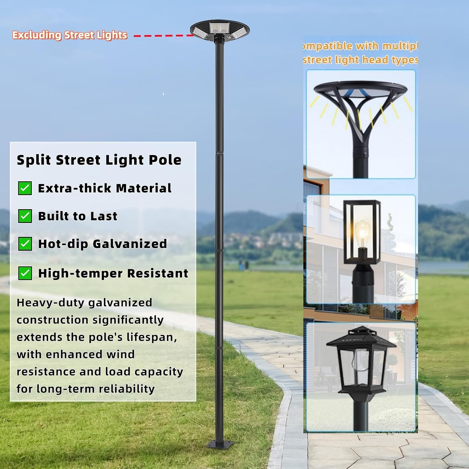 Street Light Pole, 13ft Tall Split Street Lamp Post for Outdoor Street Courtyard Parking Lot Lighting Post Fixtures with Mounting Ground Cage, Patio Lighting Pole (13FT 76mm)