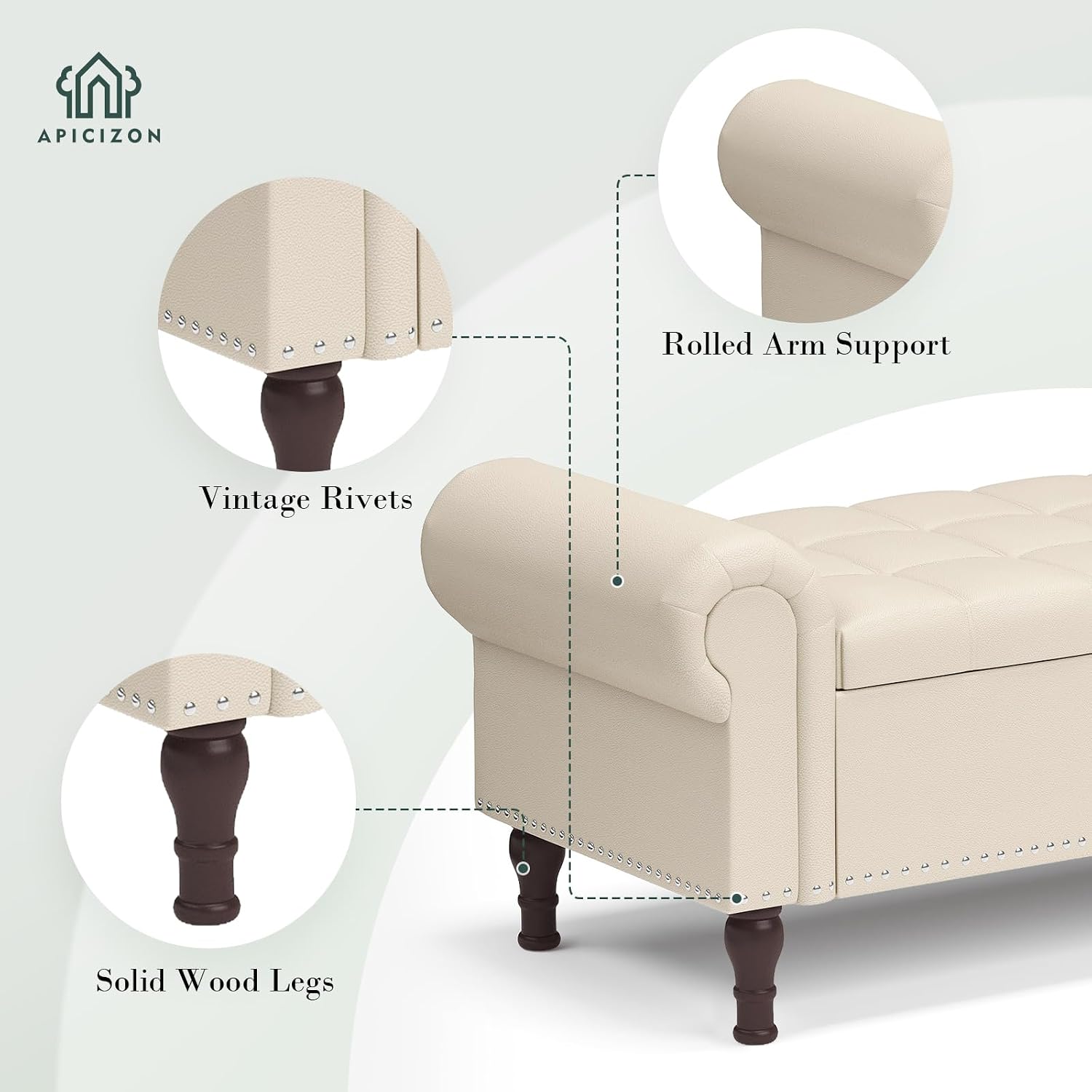 Apicizon 51' Bench with Storage, Faux Leather Ottoman Bench with Rolled Arm & Vintage Rivets, End of Bed Bench for Bedroom, Living Room, Entryway, Beige+Brown Legs