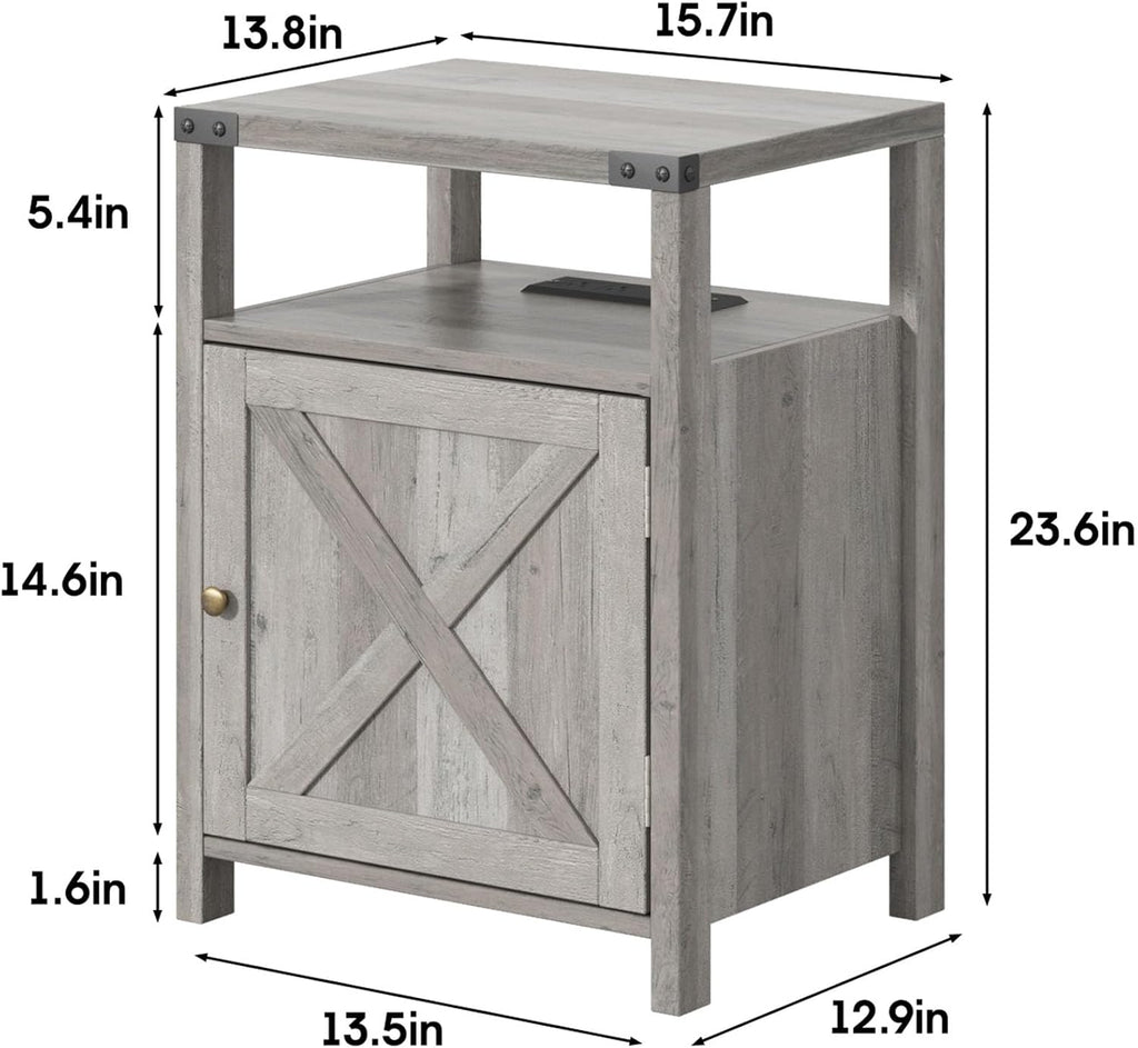 Fameill Nightstands Set of 2, Night Stand with Charging Station, Bed Side Table with Storage Cabinet, Farmhouse End Table for Living Room with USB Ports and Outlets, Gray