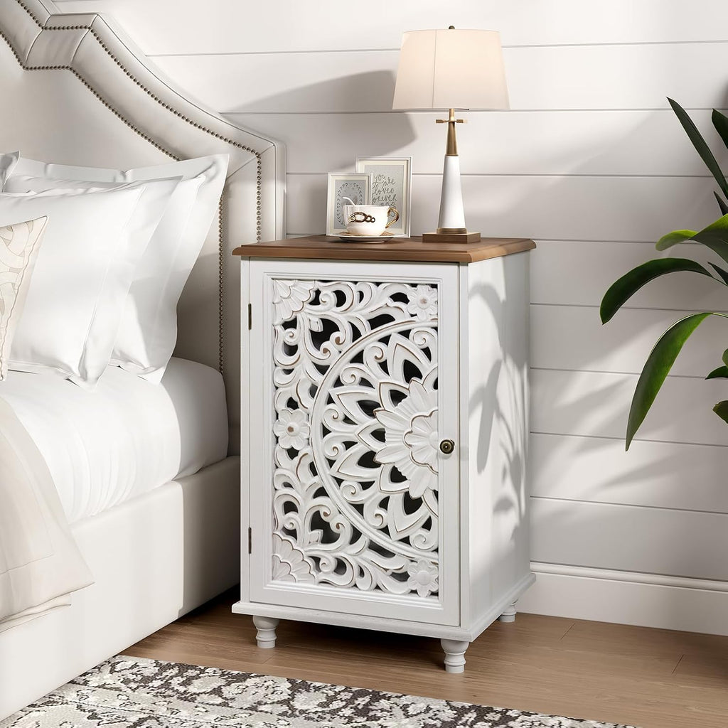 JOINICE Small Accent Cabinet with Carved Mandala Door, White Storage Cabinet with Solid Wood Legs & Adjustable Shelf, Boho Distressed End Table for Living Room, Bedroom, Entryway Side Table
