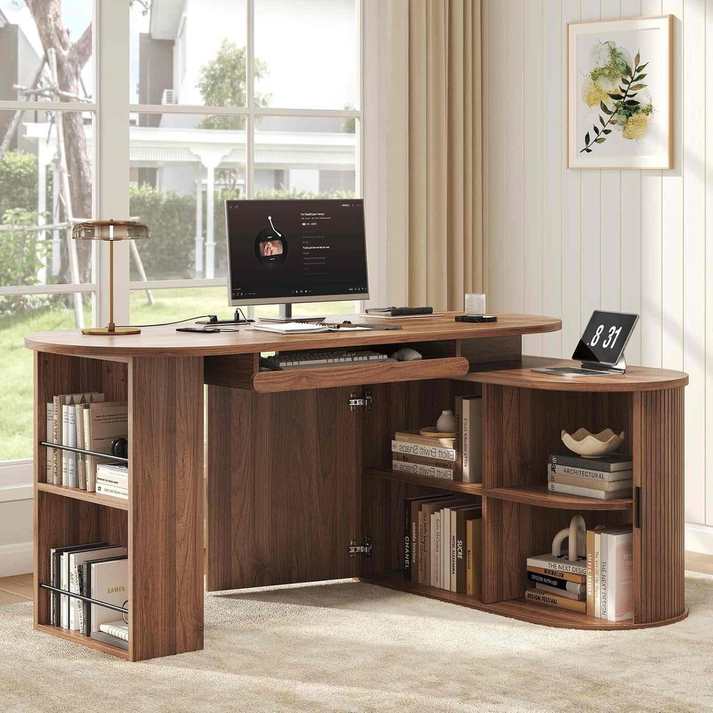 HSH Office L Shaped Computer Desk with Storage Cabinet, Reversible Corner L Desks with Keyboard Tray and Open Shelf, Home Office Executive Desk with Power Outlet for Study Workstation, Walnut 60 Inch