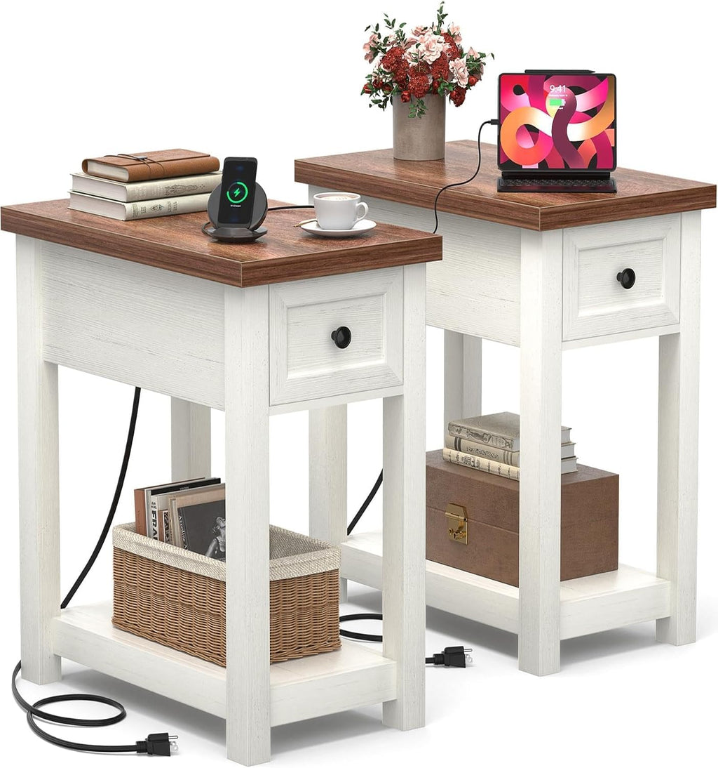 Narrow End Table Set of 2 with Charging Station - Farmhouse Side Tables with Drawer, 14' Wood Nightstands Set of 2 for Bedroom Living Room, Slim Couch Bedside Table Small Spaces, Antique White & Brown