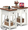 Narrow End Table Set of 2 with Charging Station - Farmhouse Side Tables with Drawer, 14' Wood Nightstands Set of 2 for Bedroom Living Room, Slim Couch Bedside Table Small Spaces, Antique White & Brown